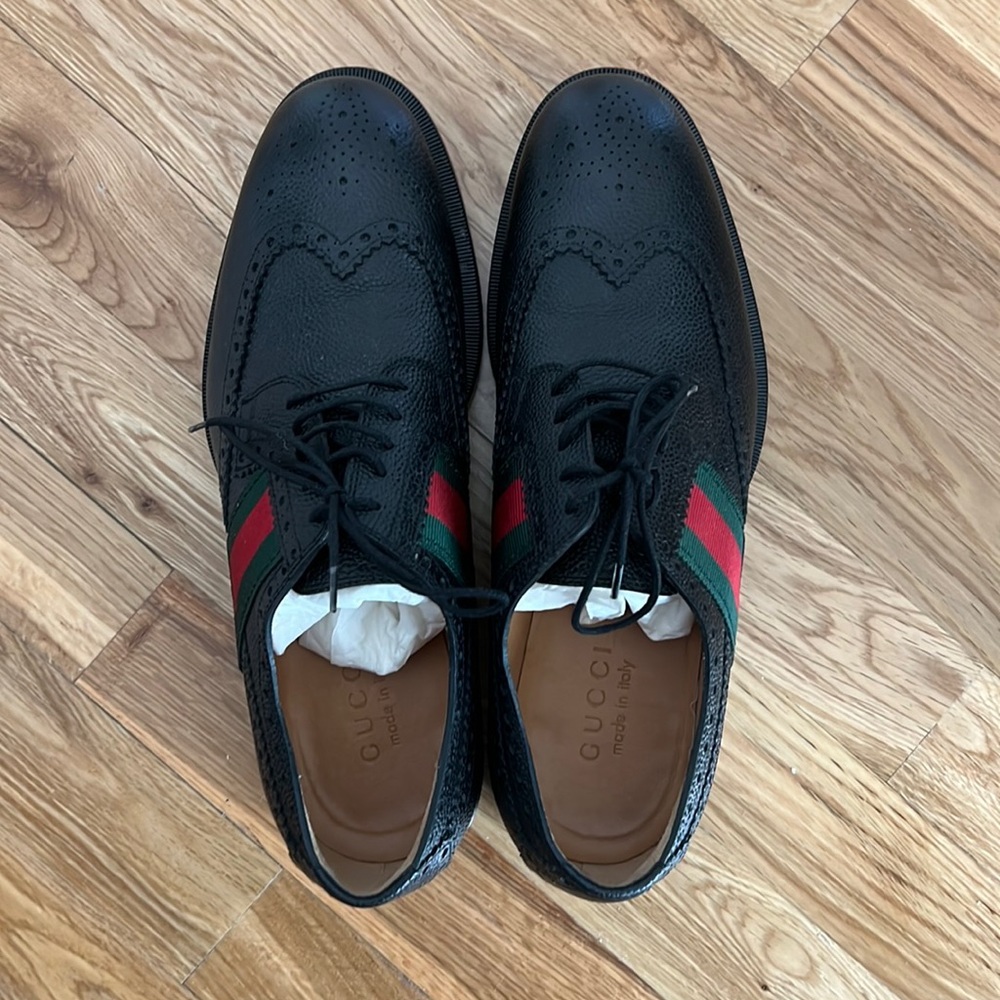 Gucci Dress Shoes Leather Oxford Green/Red Stripe